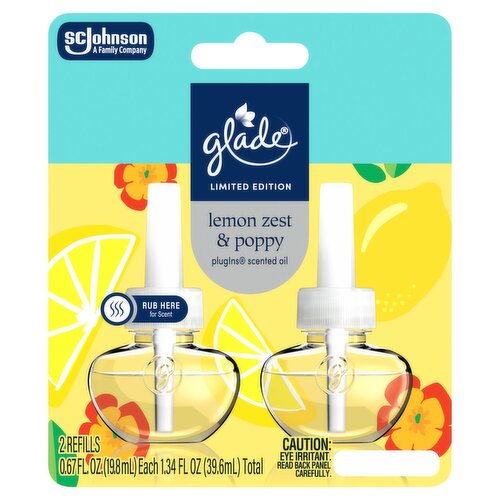 Glade Lemon Zest & Poppy PlugIns Scented Oil Refills Limited Edition, 0.67 fl oz, 2 Count