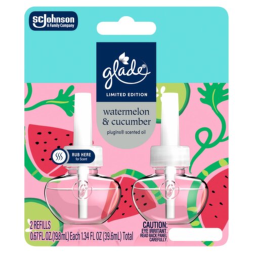 Glade Watermelon & Cucumber PlugIns Scented Oil Refills Limited Edition, 0.67 fl oz, 2 count