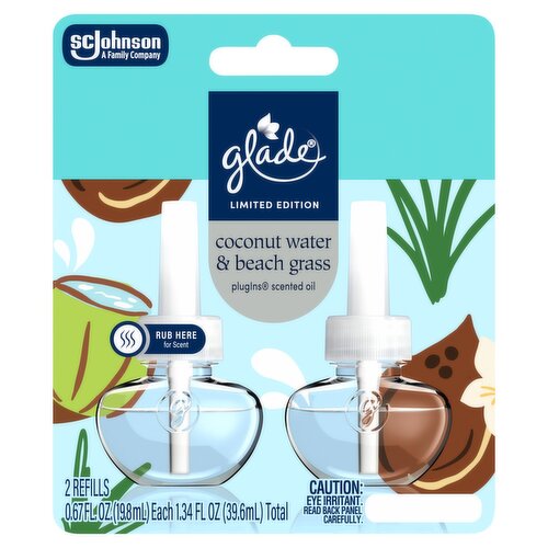 Glade Coconut Water & Beach Grass PlugIns Scented Oil Refills Limited Edition, 0.67 fl oz, 2 count