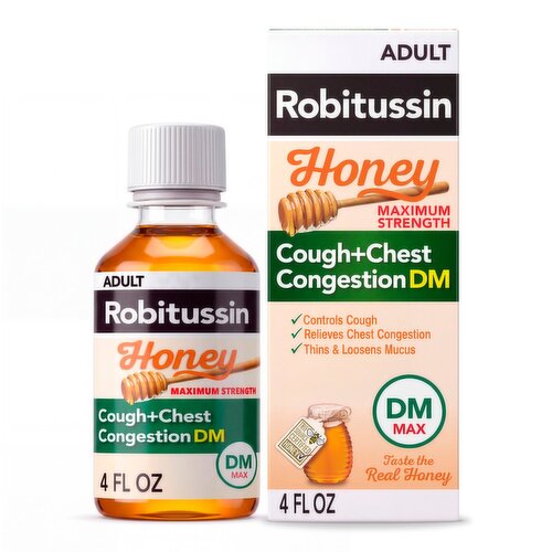 Robitussin Maximum Strength Adult Honey Cough+Chest Congestion DM Syrup, For Ages 12 & Over, 4 fl oz