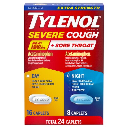 Tylenol Extra Strength Severe Cough + Sore Throat Day & Night Caplets for Adults, 24 Count