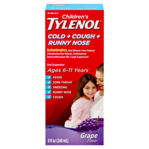 Tylenol Grape Flavor Children's Cold + Cough + Runny Nose Oral Suspension Liquid, 8 fl oz