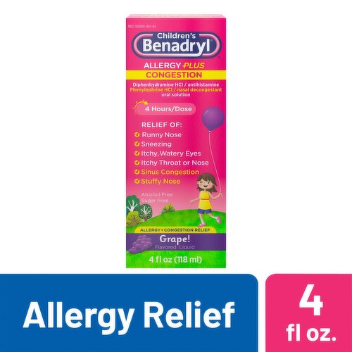 Benadryl Children's Grape! Flavored Allergy Plus Congestion Liquid, 4 fl oz