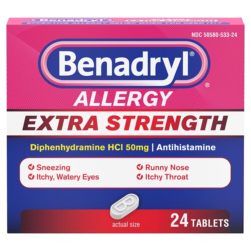 Benadryl Extra Strength Allergy Diphenhydramine HCI Tablets, 50 mg, 24 count