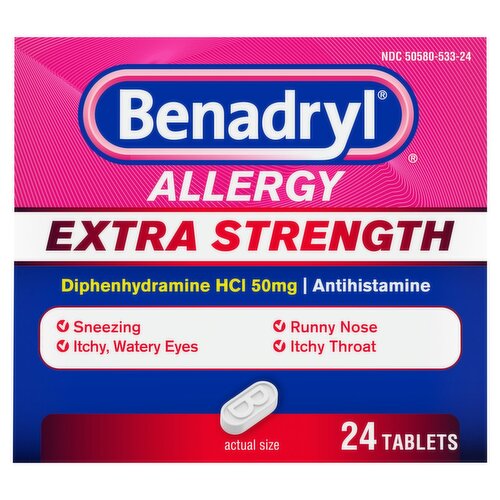 Benadryl Extra Strength Allergy Diphenhydramine HCI Tablets, 50 mg, 24 count