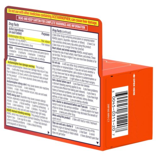 Motrin Dual Action with Tylenol Acetaminophen 250 mg and Ibuprofen 125 mg Tablets, 20 count
