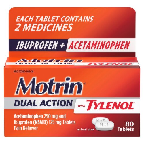 Motrin Dual Action with Tylenol Acetaminophen 250 mg and Ibuprofen 125 mg Tablets, 80 count