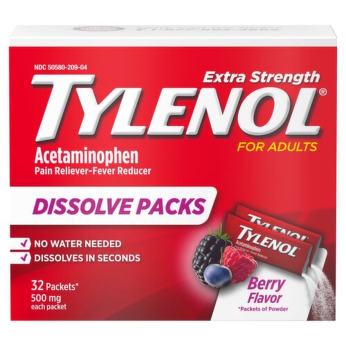  Tylenol Extra Strength Berry Flavor Acetaminophen Dissolve Packs for Adults, 500 mg, 32 count