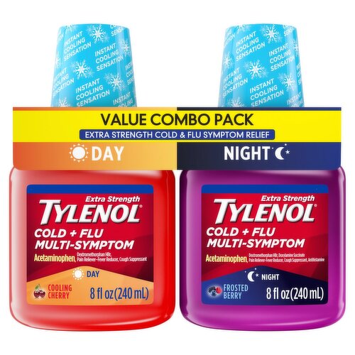 Tylenol Extra Strength Cold + Flu Multi- Symptom Day and Night Liquid, for Adults, 2 count, 8 fl oz