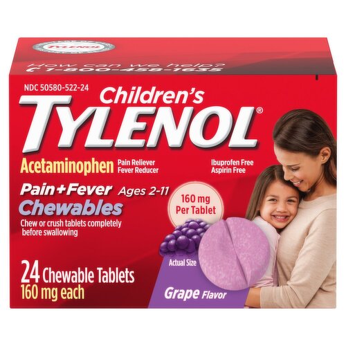 Children's Tylenol Pain + Fever Grape Flavor Chewable Tablets, Ages 2-11, 160 mg, 24 count