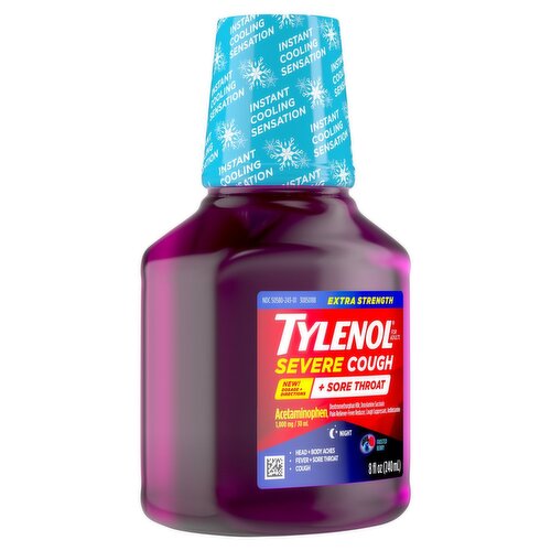 Tylenol Extra Strength Severe Cough + Sore Throat Frosted Berry Night Liquid, 1000 mg, 8 fl oz