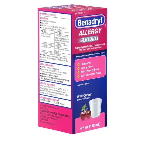 Benadryl Wild Cherry Flavored Allergy Liquid, 4 fl oz