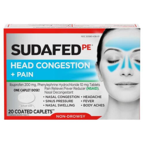 Sudafed PE Non-Drowsy Head Congestion + Pain Coated Caplets, 20 count