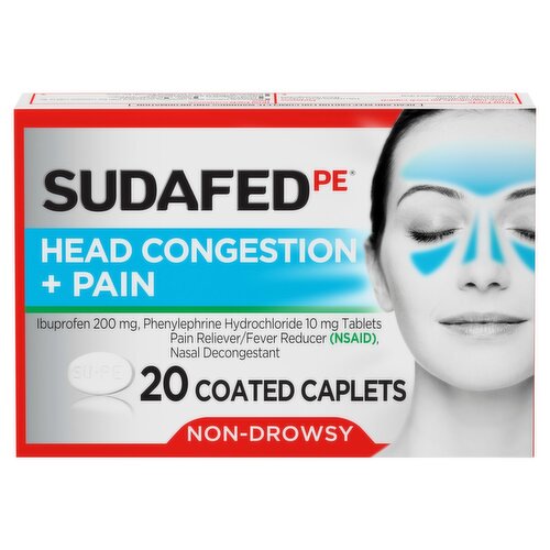 Sudafed PE Non-Drowsy Head Congestion + Pain Coated Caplets, 20 count