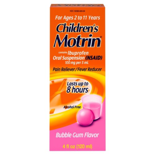 Motrin Children's Bubble Gum Flavor Ibuprofen Oral Suspension, For Ages 2 to 11 Years, 4 fl oz