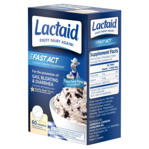 Lactaid Fast Act Vanilla Twist Flavor Lactase Enzyme Supplement, 60 count