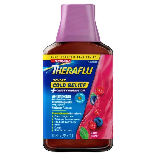 Theraflu Berry Flavor Severe Cold Relief + Chest Congestion Syrup, 8.3 fl oz