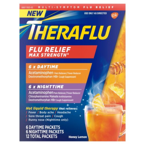 Gsk Theraflu Flu Relief Max Strength Honey Lemon Daytime + Nighttime Powder, 12 count