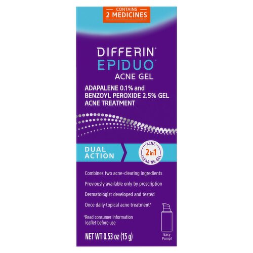 Differin Epiduo Adapalene 0.1% and Benzoyl Peroxide 2.5% Acne Gel, 2 count, 0.53 oz