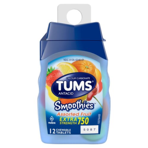 Tums Smoothies Extra Strength 750 Antacid Assorted Fruit Chewable Tablets, 12 count