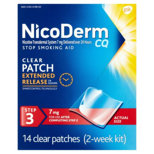 NicoDerm CQ Stop Smoking Aid Clear Patches, 7 mg, Step 3, 14 count