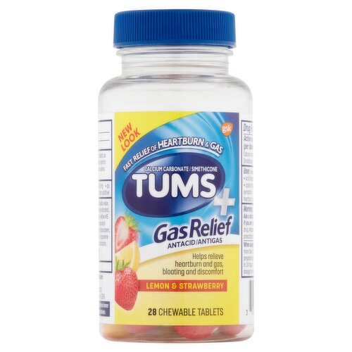 Tums+ GasRelief Antacid Lemon & Strawberry Chewable Tablets, 28 count