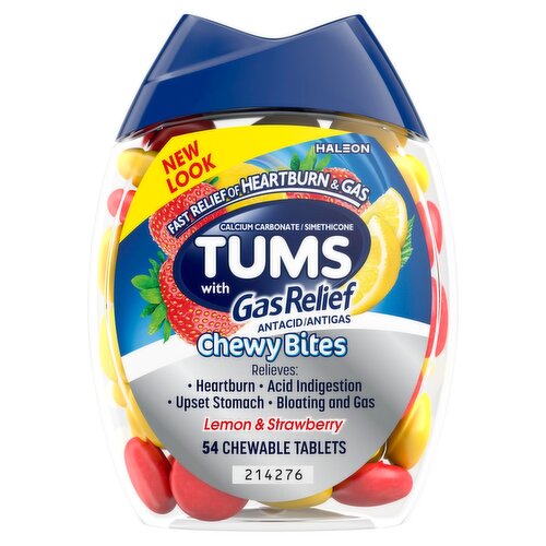 Tums with Gas Relief Antacid/Antigas Lemon & Strawberry Chewy Bites, 54 count