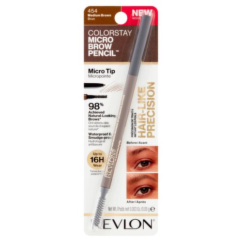 Revlon ColorStay 454 Medium Brown Micro Tip Brow Pencil + Spoolie Brush, 0.003 oz