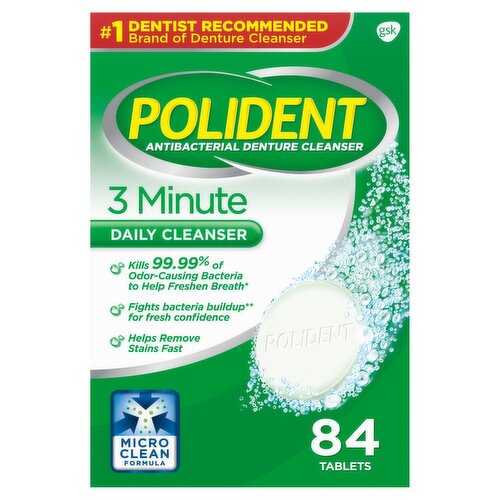 Polident 3 Minute Triple Mint Antibacterial Denture Cleanser Effervescent Tablets, 84 count