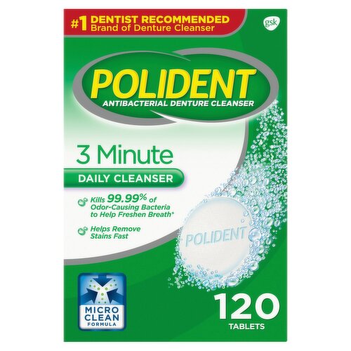 Polident 3 Minute Triple Mint Antibacterial Denture Cleanser Effervescent Tablets, 120 count