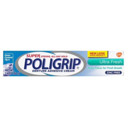 Super Poligrip Ultra Fresh Mint Flavor Zinc Free Denture and Partials Adhesive Cream, 2.4 Ounces