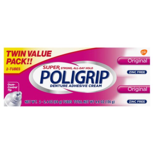 Super Poligrip Original Formula Zinc Free Denture and Partials Adhesive Cream, 2.4 ounce (Twin Pack)