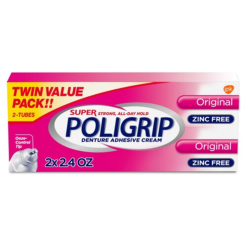 Super Poligrip Original Formula Zinc Free Denture and Partials Adhesive Cream, 2.4 ounce (Twin Pack)