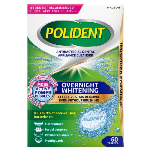 Polident Antibacterial Dental Appliance Cleanser Overnight Whitening Tablets, 60 count