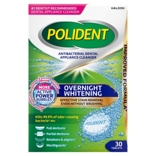 Polident Antibacterial Dental Appliance Cleanser Overnight Whitening Tablets, 30 count