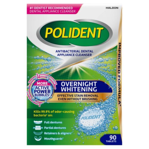 Polident Antibacterial Dental Appliance Cleanser Overnight Whitening Tablets, 90 count