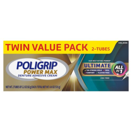 Poligrip Power Max Ultimate All in 1 Denture Adhesive Cream Twin Value Pack, 2.2 oz, 2 count