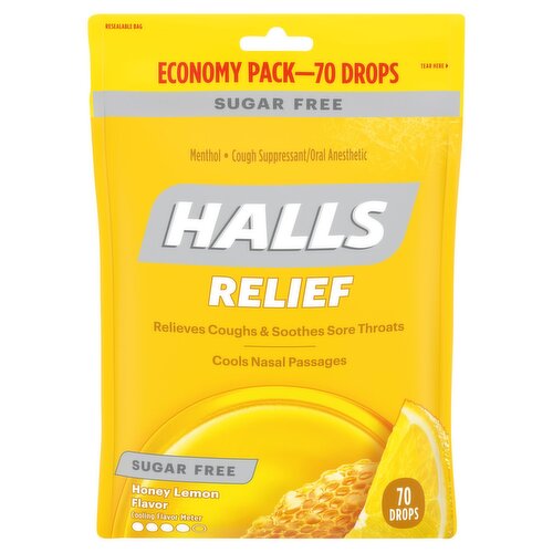 HALLS Relief Honey Lemon Sugar Free Cough Drops, Economy Pack, 70 Drops