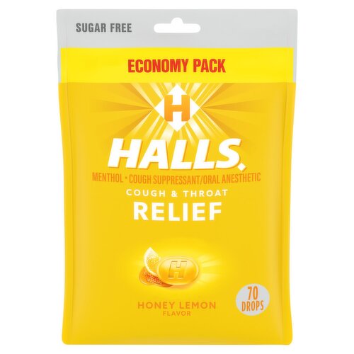 Halls Honey Lemon Flavor Menthol Cough & Throat Relief Drops Economy Pack, 70 count