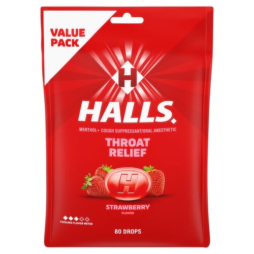 HALLS Throat Relief Strawberry Cough Drops, FSA/HSA Eligible, Value Pack, 80 Drops