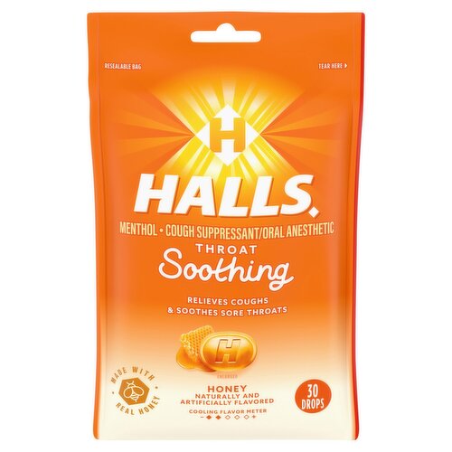 Halls Soothing Honey Menthol Drops, 30 count