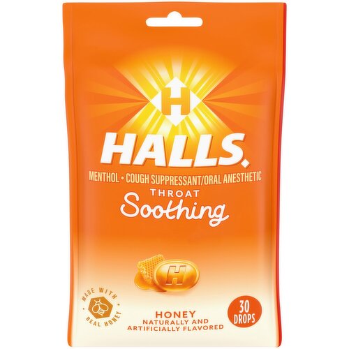 Halls Soothing Honey Menthol Drops, 30 count