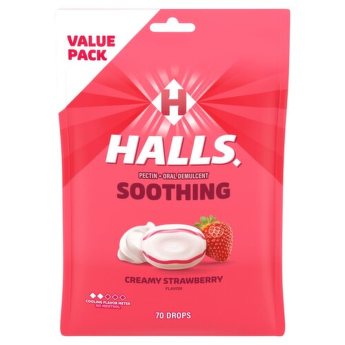 HALLS Soothing Creamy Strawberry Throat Drops, FSA/HSA Eligible, Value Pack, 70 Drops