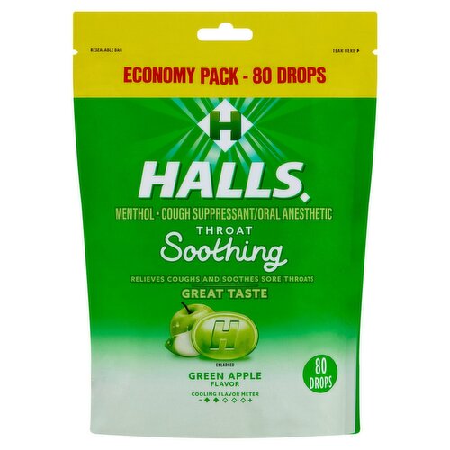 Halls Green Apple Flavor Throat Soothing Drops Economy Pack, 80 count