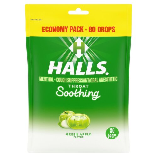 Halls Green Apple Flavor Throat Soothing Drops Economy Pack, 80 count