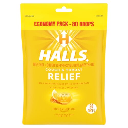 Halls Honey Lemon Flavor Menthol Cough & Throat Relief Drops Economy Pack, 80 count