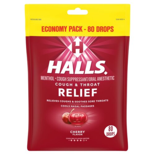 Halls Cough & Throat Relief Cherry Flavor Menthol Drops Economy Pack, 80 count