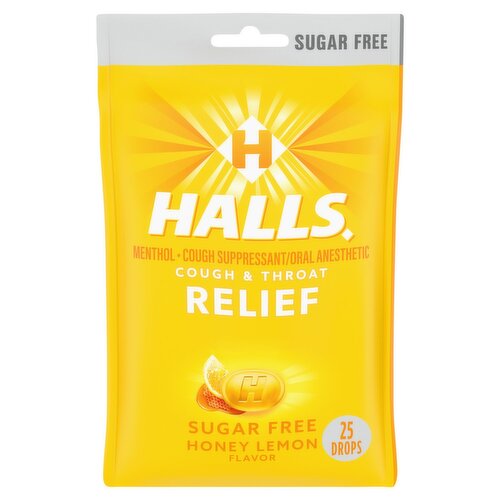 Halls Cough & Throat Relief Sugar Free Honey Lemon Flavor Menthol Drops, 25 count