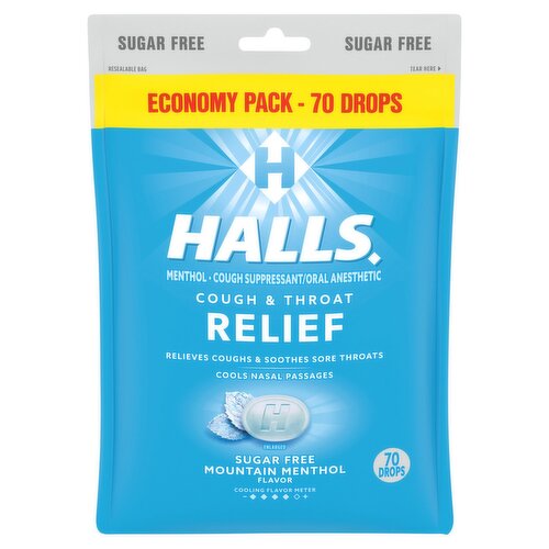 Halls Cough & Throat Relief Sugar Free Mountain Menthol Flavor Menthol Drops Economy Pack, 70 count