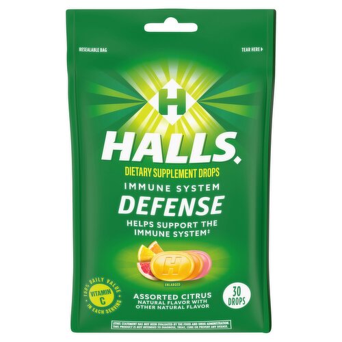 Halls Defense Assorted Citrus Dietary Supplement Drops, 30 count